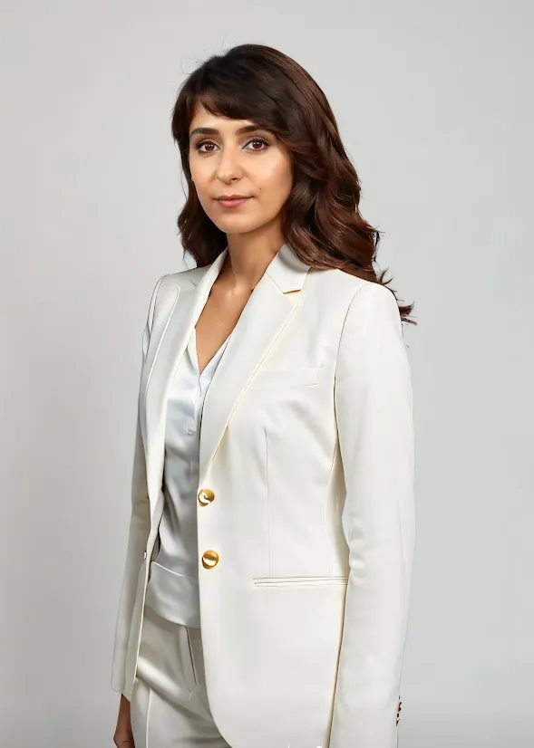 A career coach and trainer in a white suit and white blouse. The background is a gray wall.