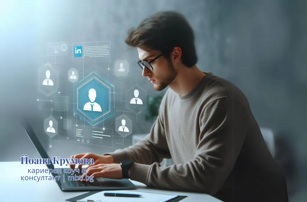 Начинаещ програмист, работещ на лаптоп, който създава професионален LinkedIn профил.